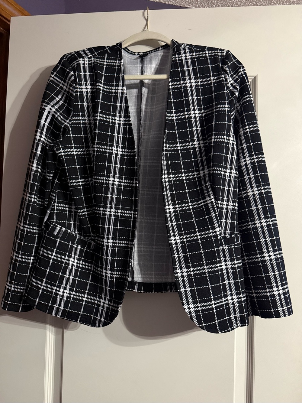 Black & White Plaid Open Front Blazer Jacket